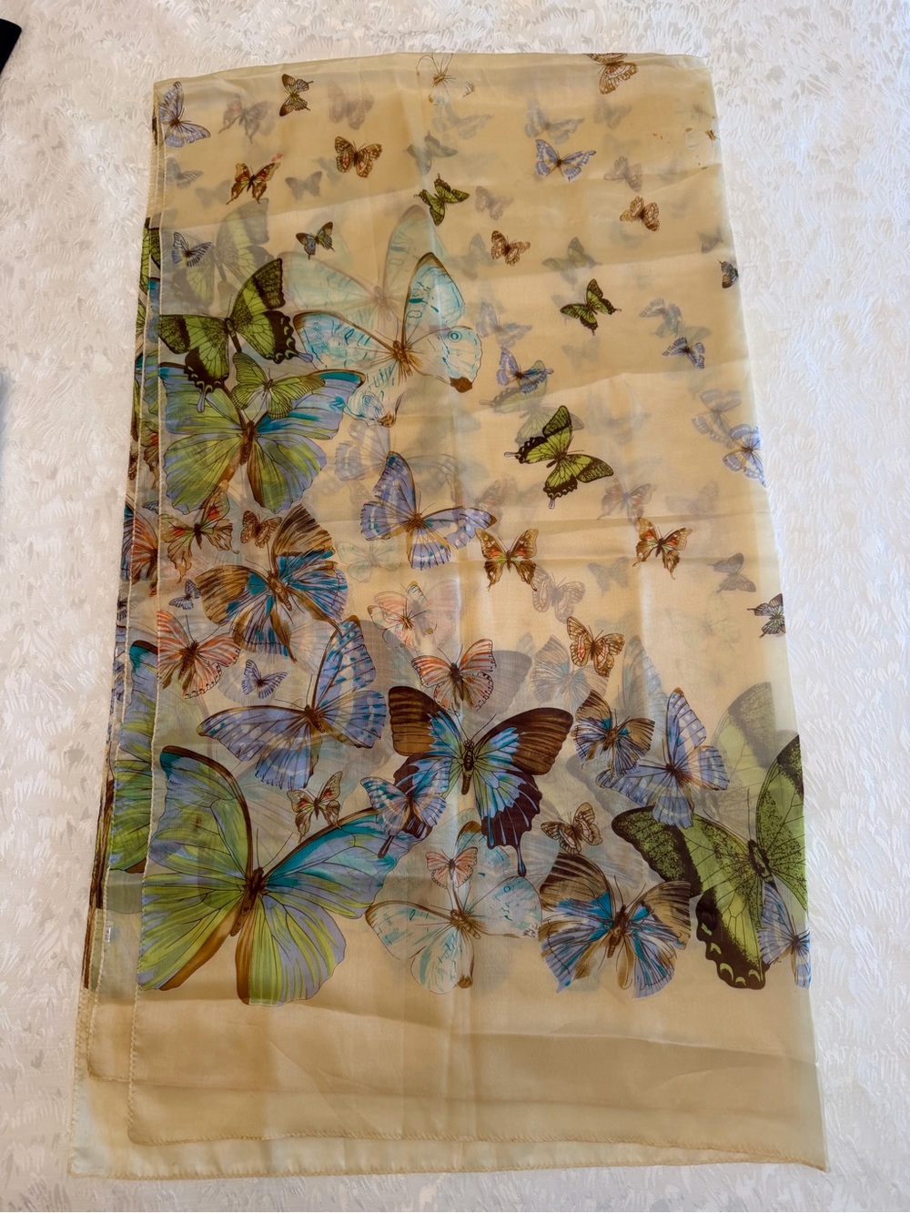 Butterfly Print Sheer Scarf in Cream with Blue & Green Accents